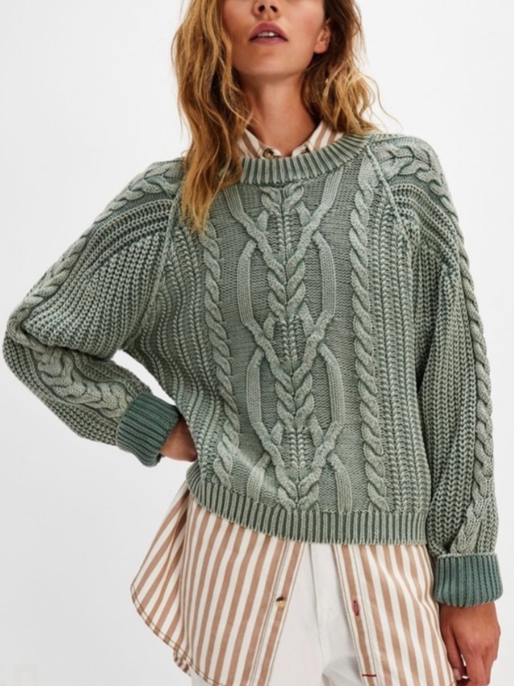 Free People Medium Frankie Green Cable Knit Chunky Crewneck Sweater B11
